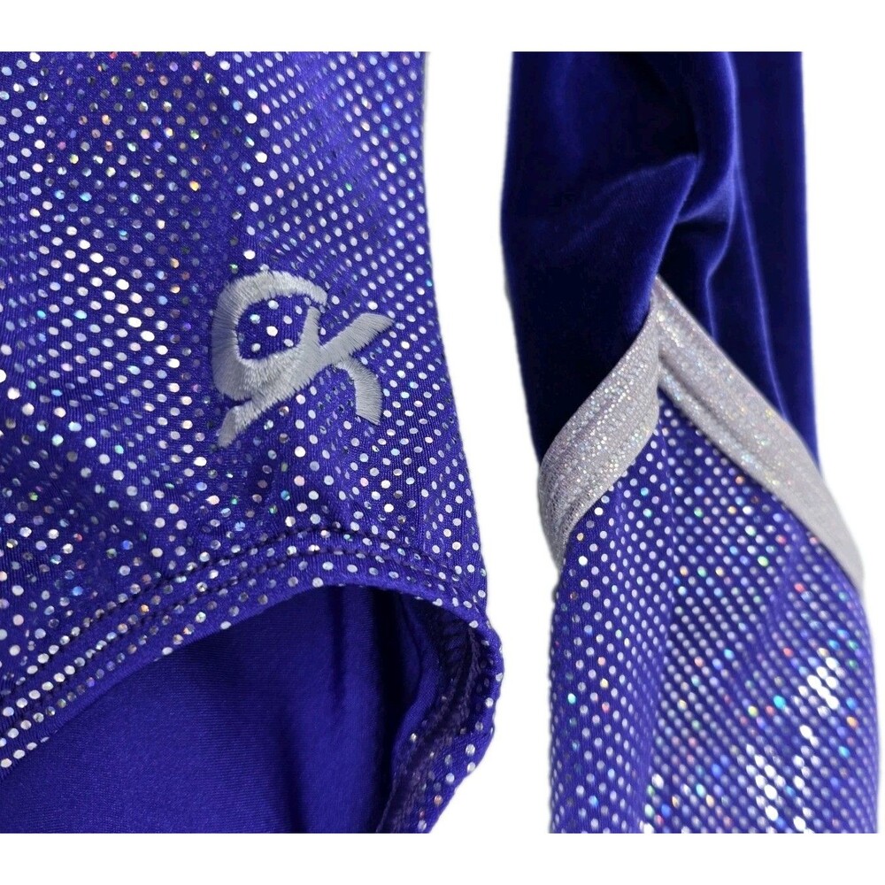GK Elite VTG Royal Pixelated LS Velvet Sleeves Leotard Blue Violet AS Adult S - Picture 9 of 16